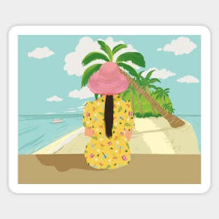 Lady with a yellow dress at the seaside Sticker